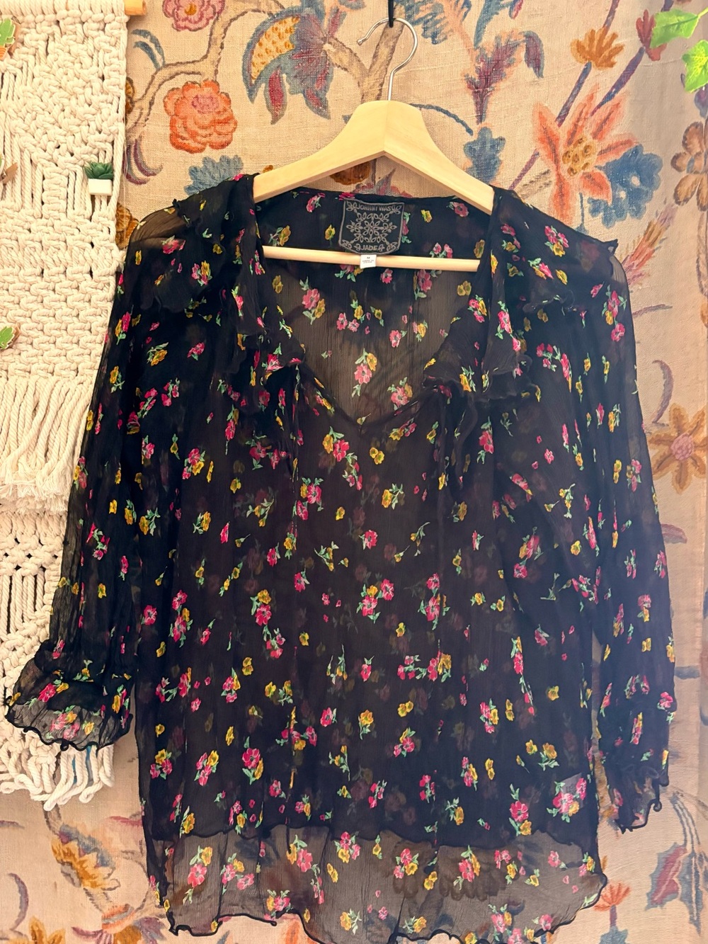 Johnny Was Black Sheer Floral Ruffle Tie-Neck Blouse